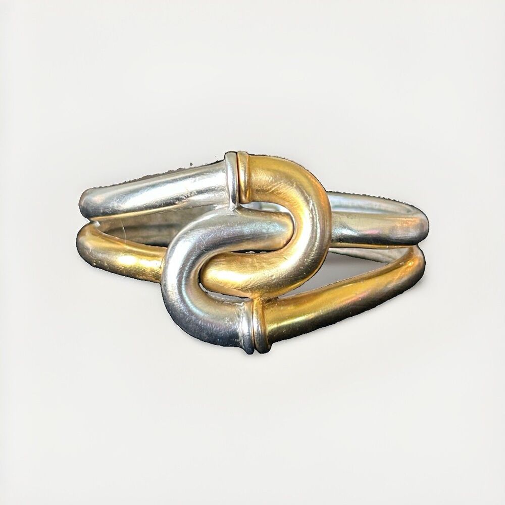 Vintage Trifari Two Tone Knot Hinged Bangle Bracelet Gold Silver Modernist